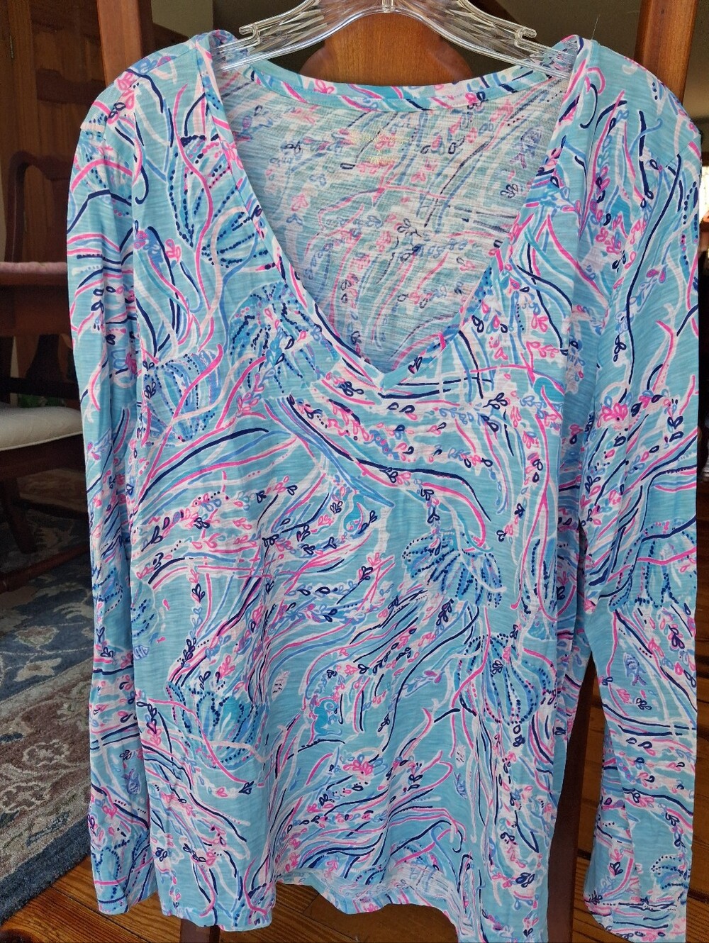 Lilly Pulitzer Long-sleeved V-neck Tee Bayside Blue "Under the Moon" XL NWOT